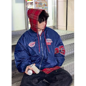 美式复古假两件连帽棉服外套男女冬季加厚保暖情侣棉衣 JY66图片