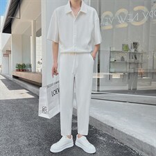 夏轻熟风设计款纹理面料褶皱宽松翻领时尚套装TZ24/P90特控145图片