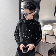 男士短款翻领设计感明线皮衣男潮流休闲夹克外套P2203-P115绒P125，男装夹克，电商A368