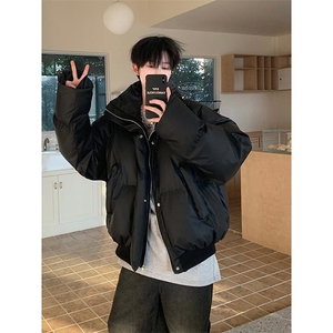 现货5W件冬季三防重磅硬挺boxy短款羽绒立领PU皮棉衣外套加厚棉服
