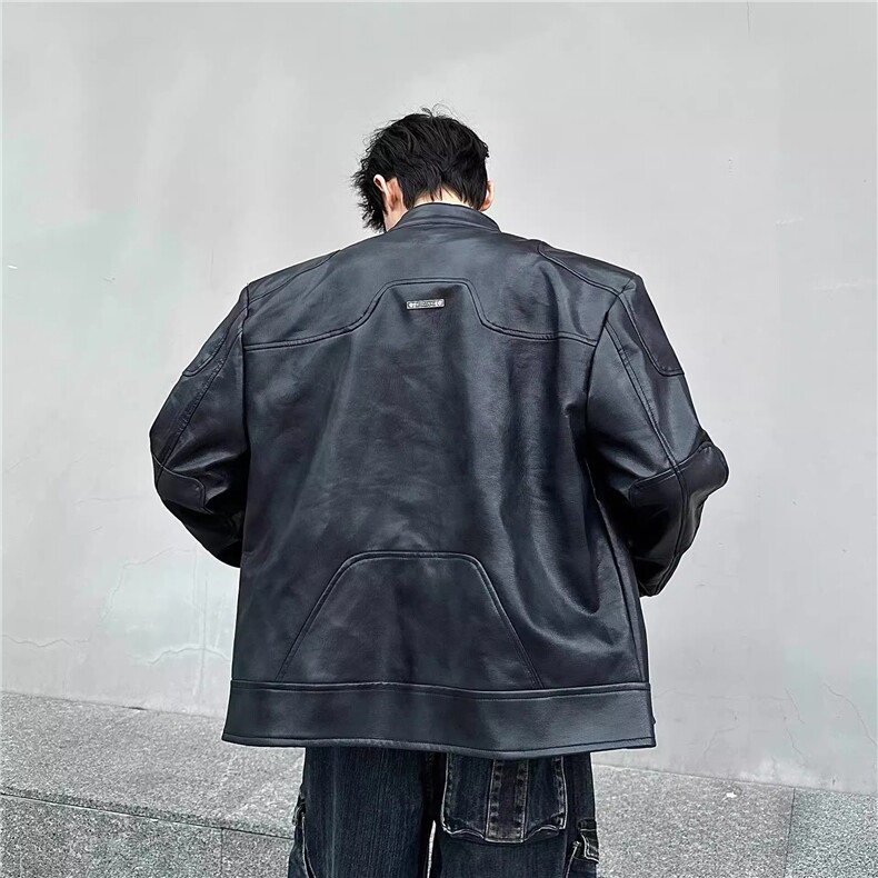 JK8552-P79秋季小众高级感立领机车皮衣男宽松短款垫肩美式,男装皮衣,电商B323A