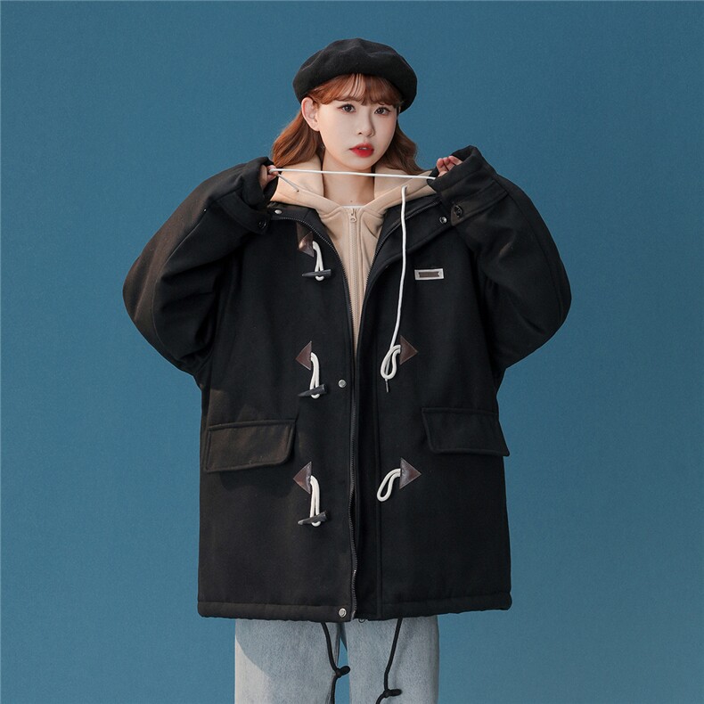 EQ160假两件牛角扣呢料大衣中长款毛呢外套男女学院风加棉P118，男装毛呢大衣，电商C306-1