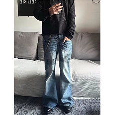 美式复古猫须字母印花微喇牛仔裤男女cleanfit街头宽松情侣休闲裤，男装牛仔裤，四季星座505