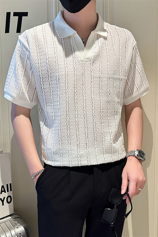 店主风社会小伙男士镂空纯色V领POLO衫男T恤301A-1/PL101/P48,男装T恤,星座301A-1