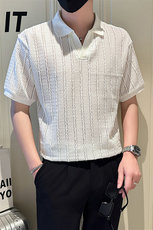 店主风社会小伙男士镂空纯色V领POLO衫男T恤301A-1/PL101/P48，男装T恤，星座301A-1