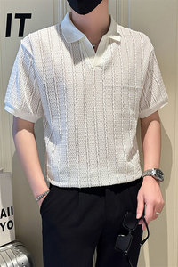 店主风社会小伙男士镂空纯色V领POLO衫男T恤301A-1/PL101/P48图片