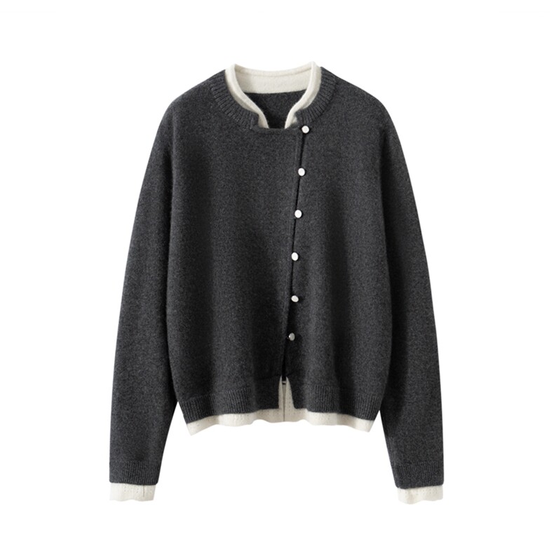 2025秋冬新款羊绒衫女100%纯山羊绒珍珠扣假两件气质开衫保暖外套，女装羊绒衫，戎美山