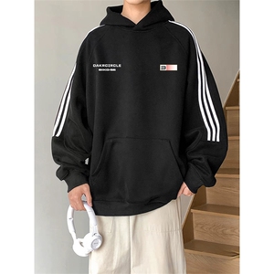 抖音得物品质480克全棉加绒织带连帽印花卫衣三条杠针织卫衣A0407图片