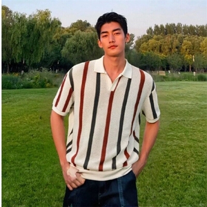夏季条纹撞色翻领短袖t恤男士潮牌个性时尚休闲针织polo衫上衣服图片