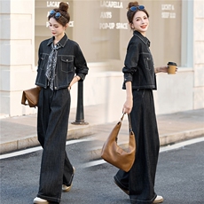 2026年春季新款时尚丝巾牛仔阔腿裤两件套套装，女装套装/套裙，奕薇雅