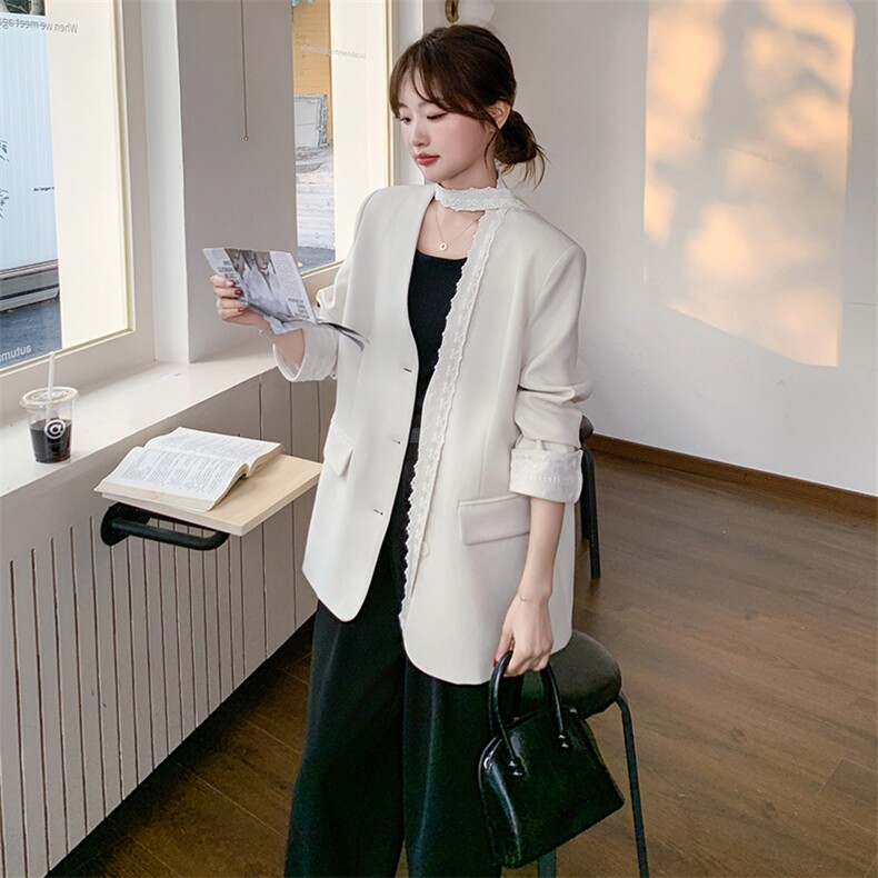 设计感蕾丝飘带西装外套女秋季2025新款韩版高级感气质小个子西服,女装短外套,2C176