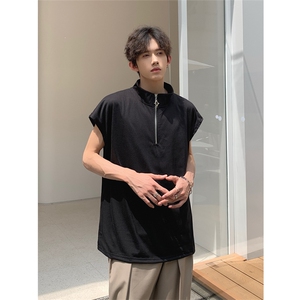 现货 夏季薄款宽松宽肩无袖立领运动坎肩背心纯色拉链t恤BX08-P35图片
