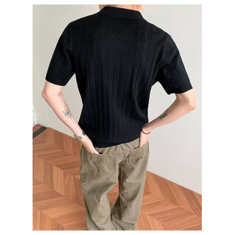 新款老钱风羊毛混纺条纹针织短袖T恤纯色编织坑条V领POLO衫男,男装Polo衫,星座1013