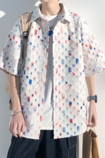 特批48无差价2025夏新彩色破洞流苏方格男大码半袖衬衫CD848短袖，男装衬衫，电商A001-1