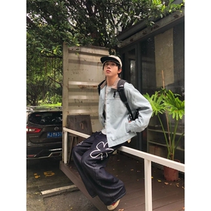 美式潮牌原创印花复古休闲直筒宽松高街百搭小个子长裤男图片
