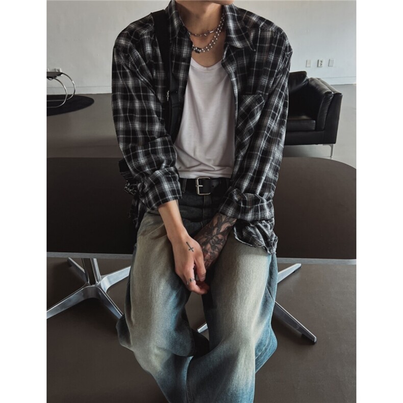 新款男女装格子衬衫春韩系穿搭长袖衬衣设计感宽松外套825P50,男装衬衫,星座710
