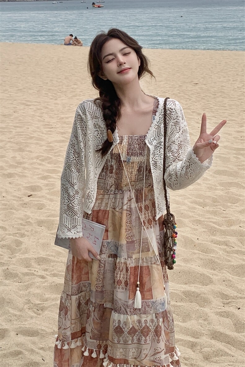 波西米亚连衣裙女2025夏季新款复古气质度假风开衫吊带长裙两件套,女装套装/套裙,2C299