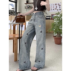 夏季趣味小狗刺绣阔腿牛仔裤女夏季新款宽松直筒裤A8052-P47，男装牛仔裤，星座208-5