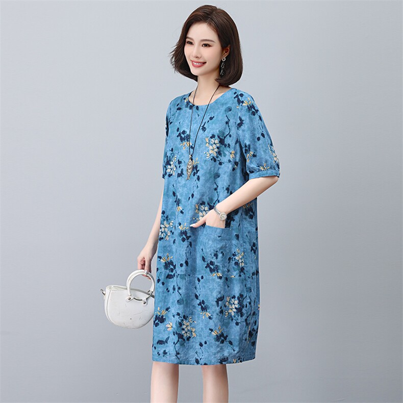 高端棉麻连衣裙女2025夏季新款宽松休闲中年妈妈薄款亚麻碎花裙子,女装连衣裙,独衣靓