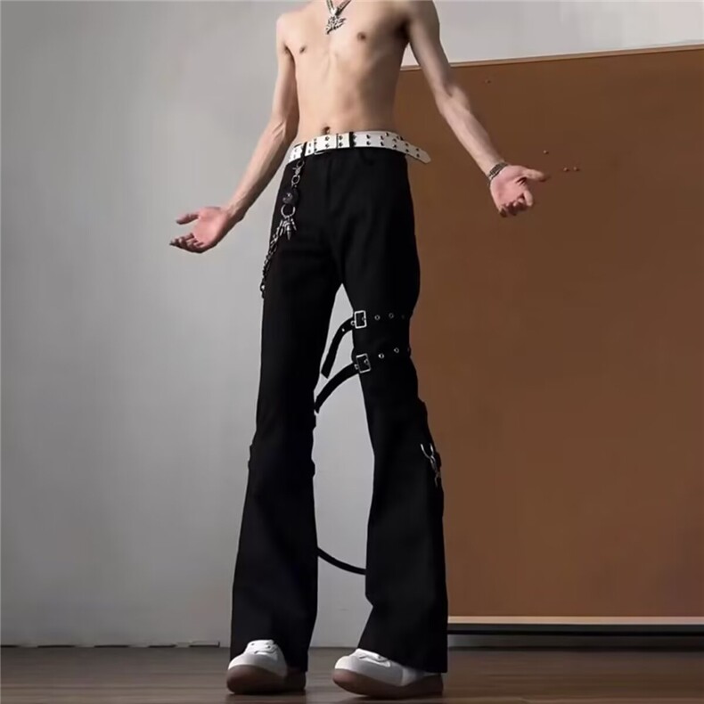 黑色vibe绑带微喇工装牛仔裤男美式高街修身喇叭裤子L84399-P55,男装牛仔裤,星座1008