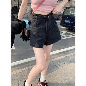 美式复古做旧牛仔短裤女高腰宽松显瘦春季新款ins百搭a字牛仔短裤图片