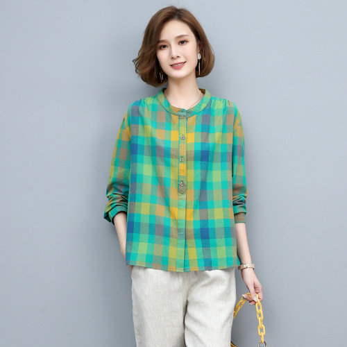 休闲格子上衣2022纯色新款拼色格子小衫,女装衬衫,独衣靓