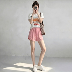 慵懒风休闲运动套装女夏新款百搭圆领印花短袖上衣抽绳短裤两件套，女装套装/套裙，江南