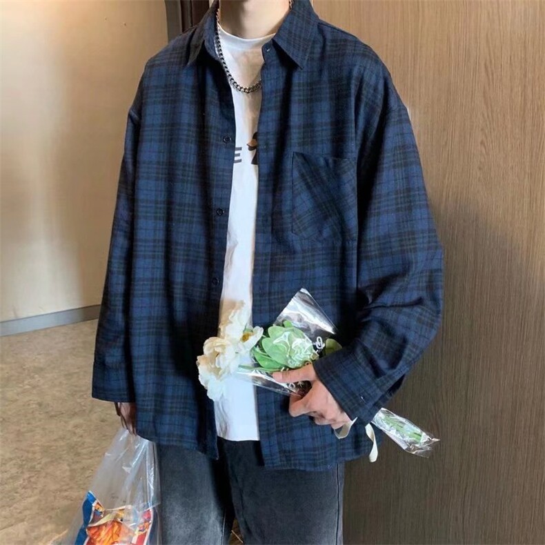 高级感炸街衬衫男设计感小众复古盐系格子衬衣外套男春季,男装衬衫,星座506A