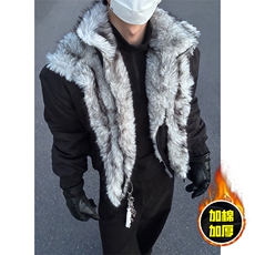 现货高品质美式高街重磅狼王座山雕毛毛领假两件棉衣加厚棉服外套，男装棉衣，电商A486-1