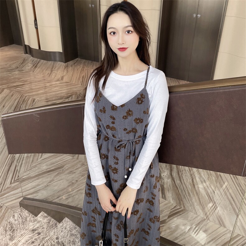 2021春装新款时尚气质收腰显瘦两件套连衣裙,女装套装/套裙,深水步