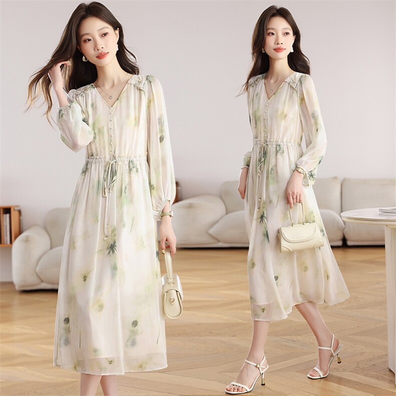法式女装雪纺长袖连衣裙2025秋季新款收腰显瘦气质中长裙时尚印花，女装连衣裙，艾米
