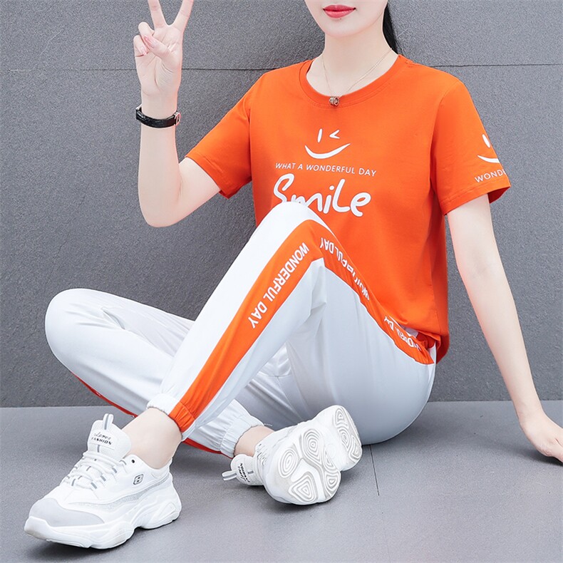 燕颉短袖时尚套装女式夏季2023年纯棉休闲晨跑运动服宽松两件套,女装运动套装,燕颉服饰