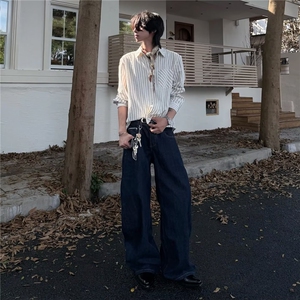 FFY2164-P48 秋季竖条纹衬衫外套男女新款休闲宽松长袖衬衣图片