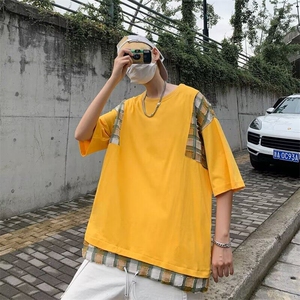 拼接腰果花五分袖T恤男女简约新款夏季ins潮流圆领体恤打底衫图片