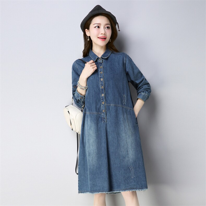 牛仔布潮流休闲时尚气质长袖排扣翻领纯色2021年春季连衣裙,女装连衣裙,小林双子
