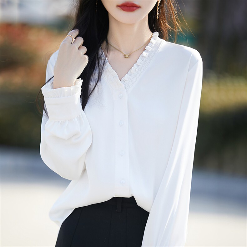 春秋新款缎面真丝长袖开衫女V领木耳边纯色百搭上衣宽松醋酸衬衫,女装衬衫,臻维羊绒
