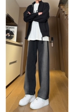 现货黑紫色拼接宽松阔腿直筒撞色休闲牛仔裤男女K5820-P50控78，男装牛仔裤，星座205