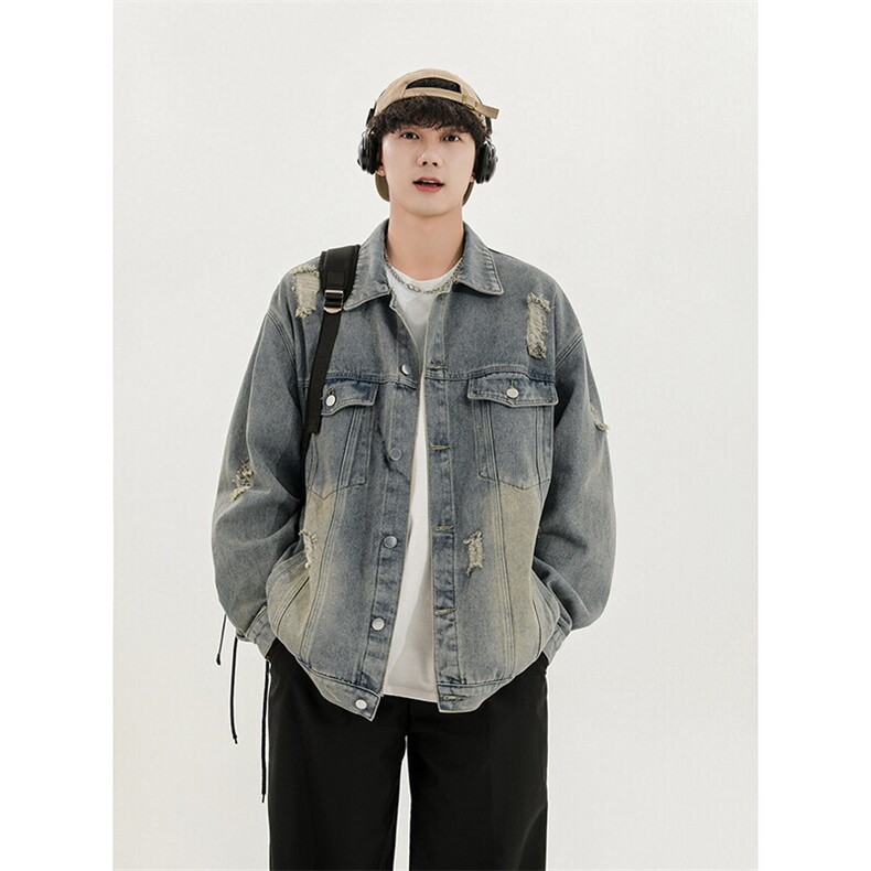 潮流百搭水洗工艺复古破洞夹克慵懒风痞帅牛仔外套HY481TP60控98，男装工装外套，电商A102B