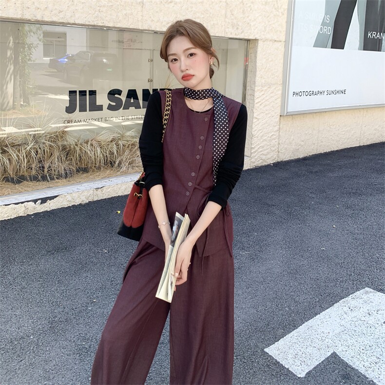 高级感复古气质马甲阔腿裤T恤套装女2025秋季新款时尚减龄三件套图片