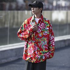 C203东北大花长袖宽松衬衣表演出汉服新中式衬衣港风文艺寸衫男女，男装衬衫，星座115A(原星座507）