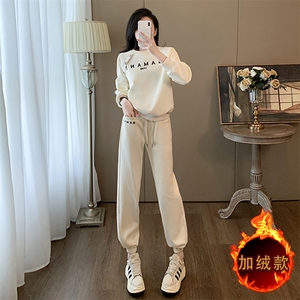 女秋冬新款加绒字母印花圆领卫衣卫裤套装图片