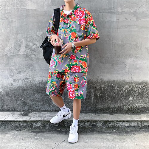 夏季东北碎花大码宽松休闲短裤男方领短袖两件装套装P控88图片