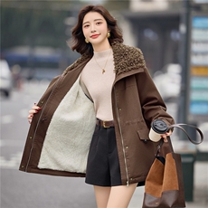 咖色羊羔毛翻领加绒派克服女2025冬季中长款加厚保暖收腰棉服外套，女装短外套，E百度