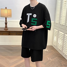 夏季港风华夫格袖T恤套装男情侣冰丝半短袖短裤两件套潮6635-P50，男装T恤，电商A441-1
