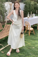 2025夏季复古小众拉链式抽绳收腰显瘦大口袋背心连衣裙女DJ6838，女装连衣裙，蝶眷