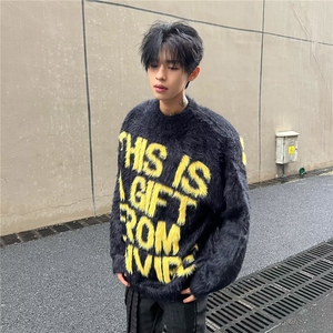 美式复古马海毛字母毛衣情侣宽松秋冬慵懒休闲针织衫上衣 M114图片