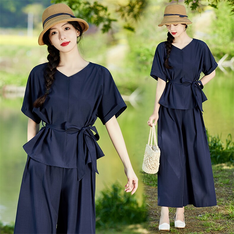 棉麻套装女夏季2025新款高端时尚洋气减龄显瘦亚麻阔腿裙裤两件套，女装套装/套裙，水衣源