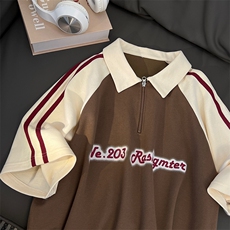 24美式重磅拼接撞色字母印花宽松短袖T恤polo衫半袖潮D273P48，男装T恤，电商A335-1（原A458）