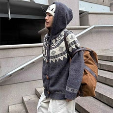 重磅秋冬北极绒开衫毛衣美式复古休闲慵懒风牛角扣针织衫连帽外套，男装针织衫/毛衣，电商A486