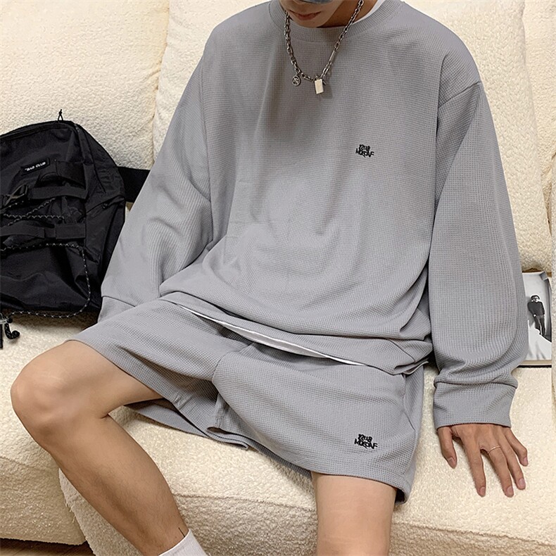 华夫格休闲运动套装男夏季潮流情侣五分短裤子长袖上衣服TZ40-p45,男装休闲套装,星座1008